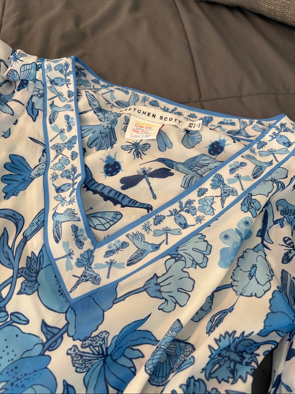 Gretchen Scott Blue Floral V-Neck Tiered Dress Maxi XS Frolic Birds Butterfly - Picture 6 of 12